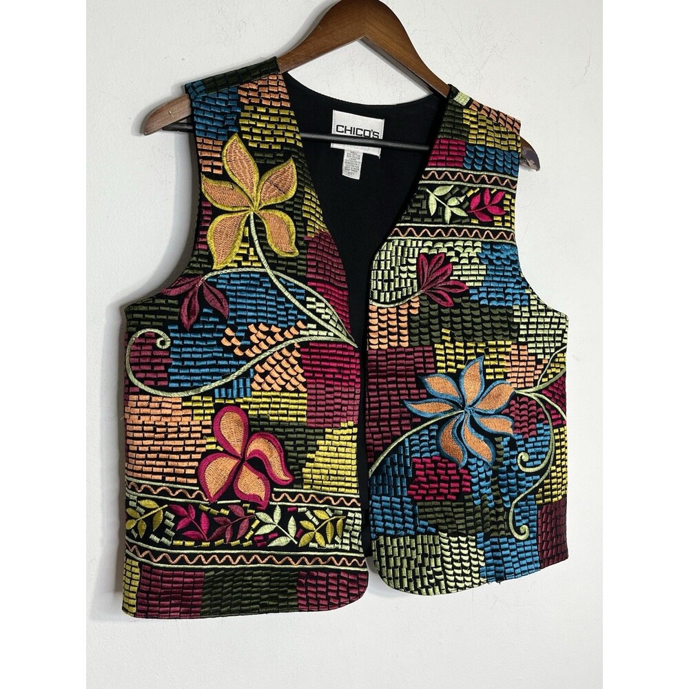 Chico's Vest Colorful Boho Patchwork Embroidered sz 1 M Top Blouse (13